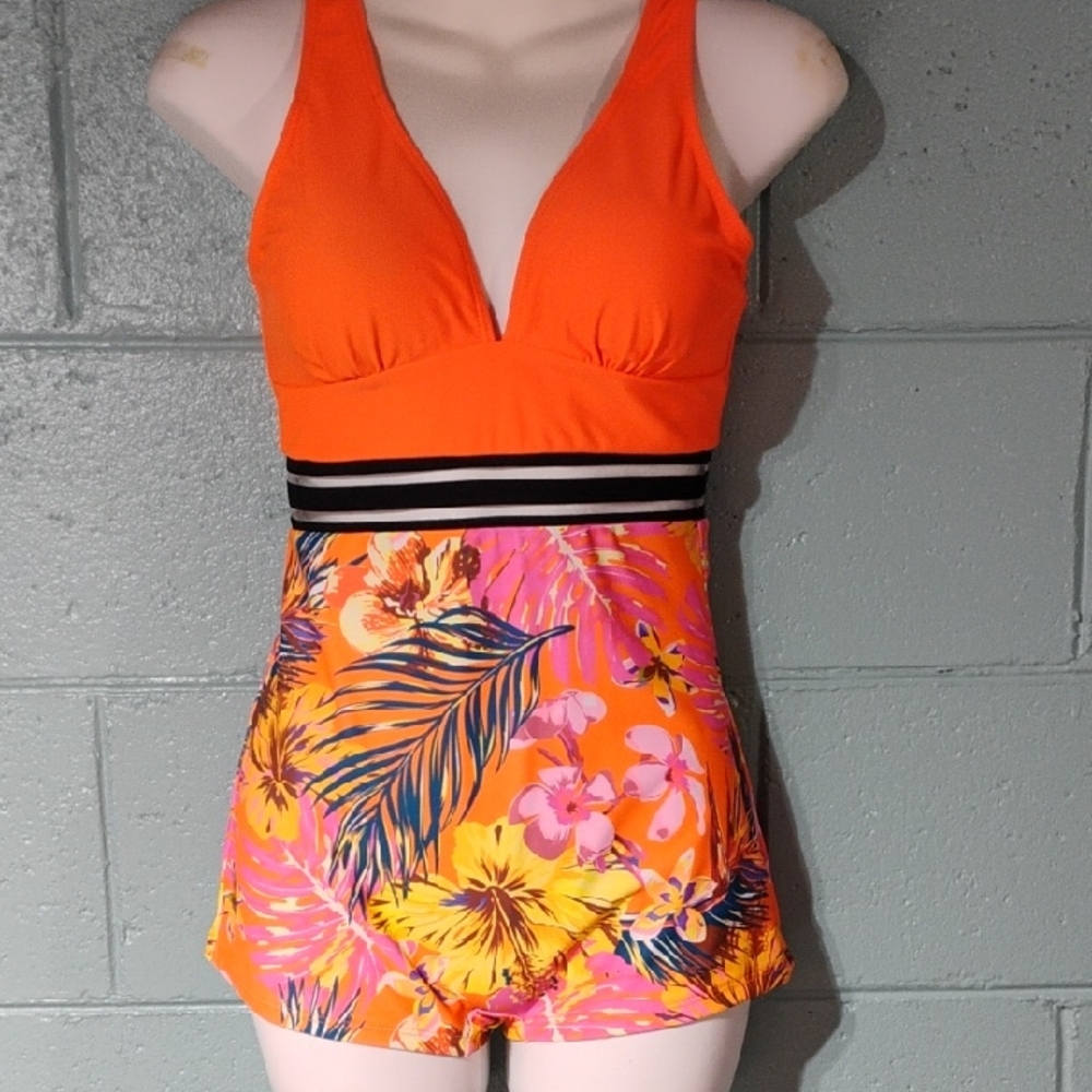 Vibrant Orange and Floral Swimsuit